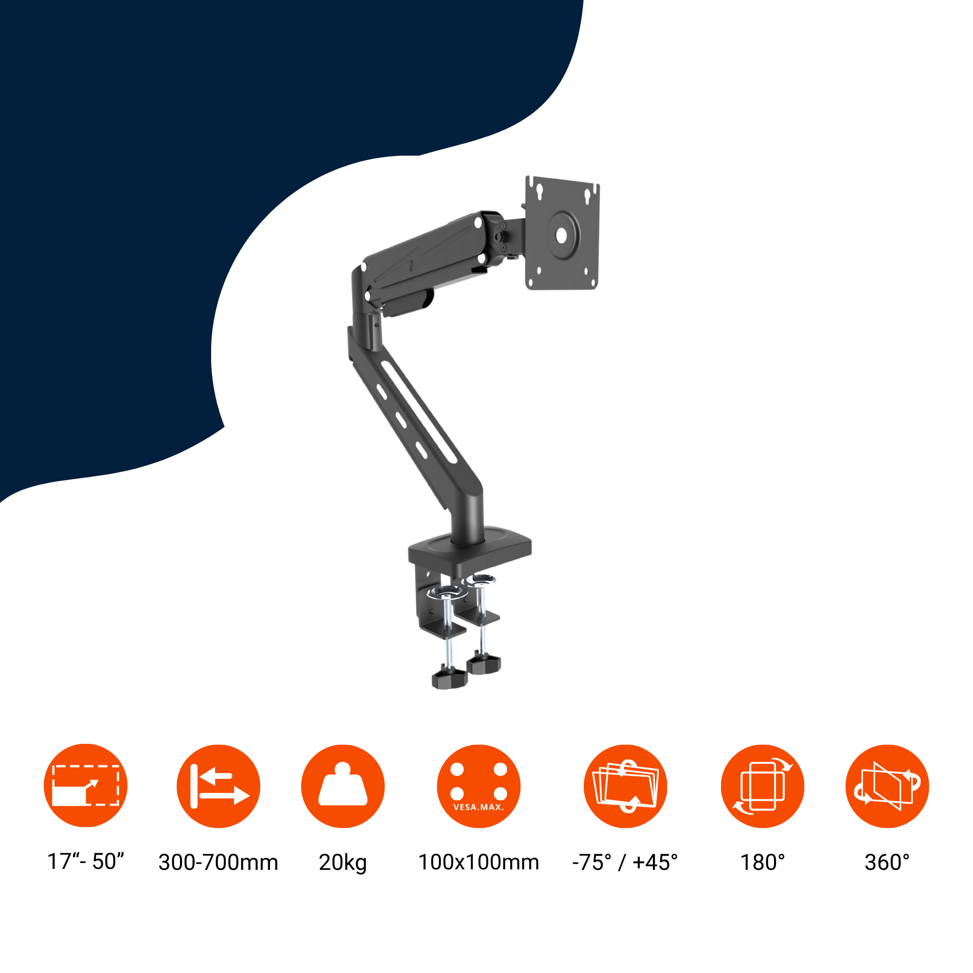 A-PEQ 1401 Monitorarm für 1 Monitor. Schreibtisch-Aufsatz. Gasfeder gesteuert. 3 bis 20 kg