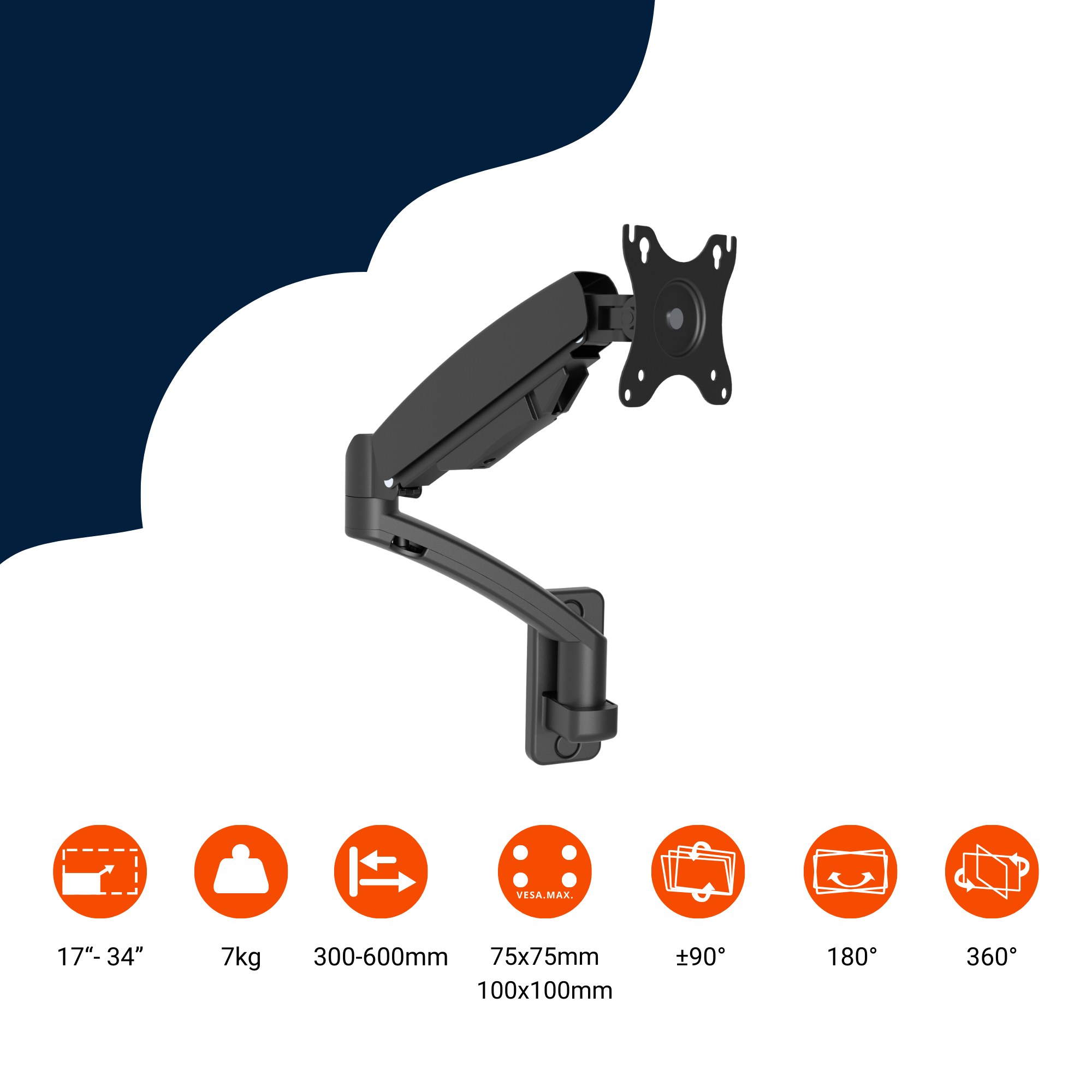 A-PEQ 7211 Monitorarm für 1 Monitor. Wandmontage. Gasfeder gesteuert. 2 bis 7 kg