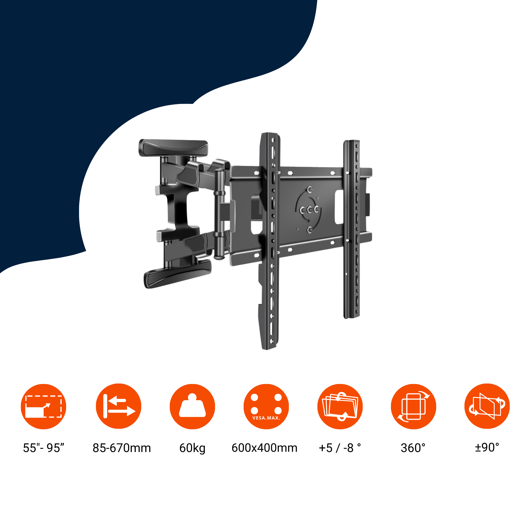 A-PEQ DY5595 Wandhalterung | 55-95 Zoll, 75 kg, schwenk-, neig- und rotierbar, 360 Grad