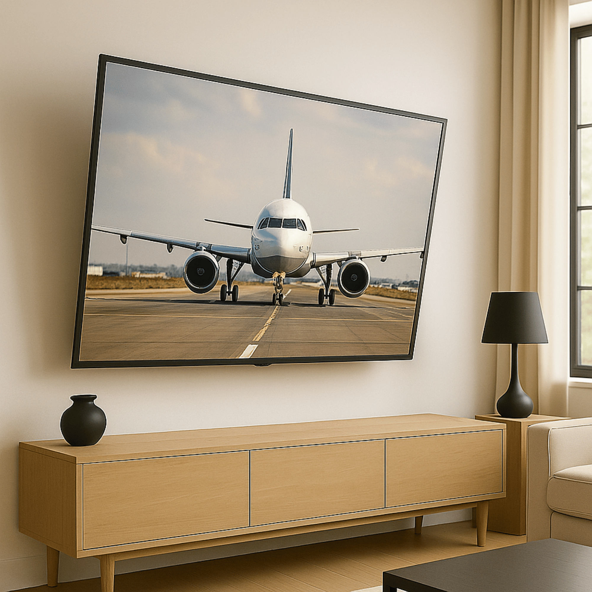 Großer Fernseher an der Wand montiert mit schwenkbarer TV-Wandhalterung im Wohnraum