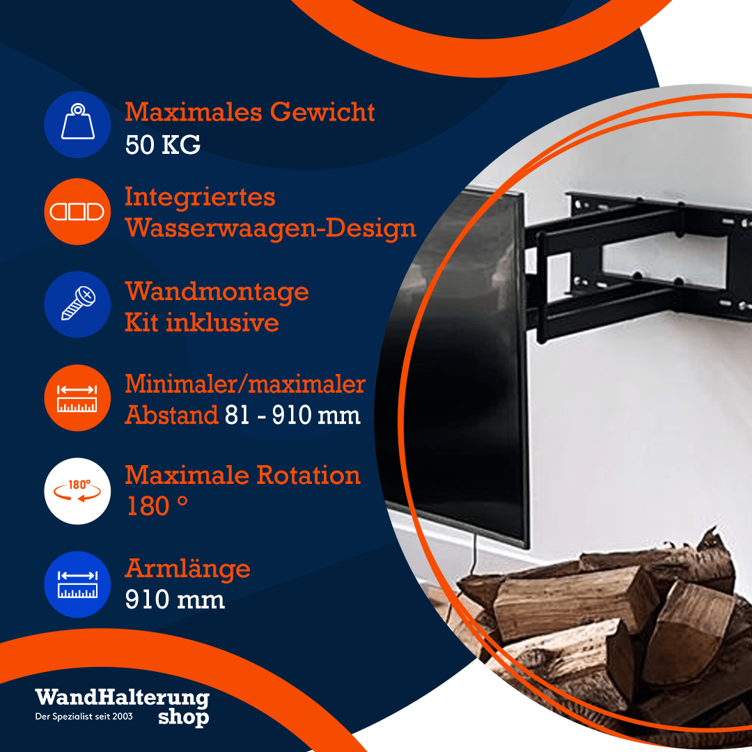 A-PEQ Grande XL Wandhalterung – Schwenkbar, max. 85 Zoll TVs, 91 cm Armlänge, bis 50 kg