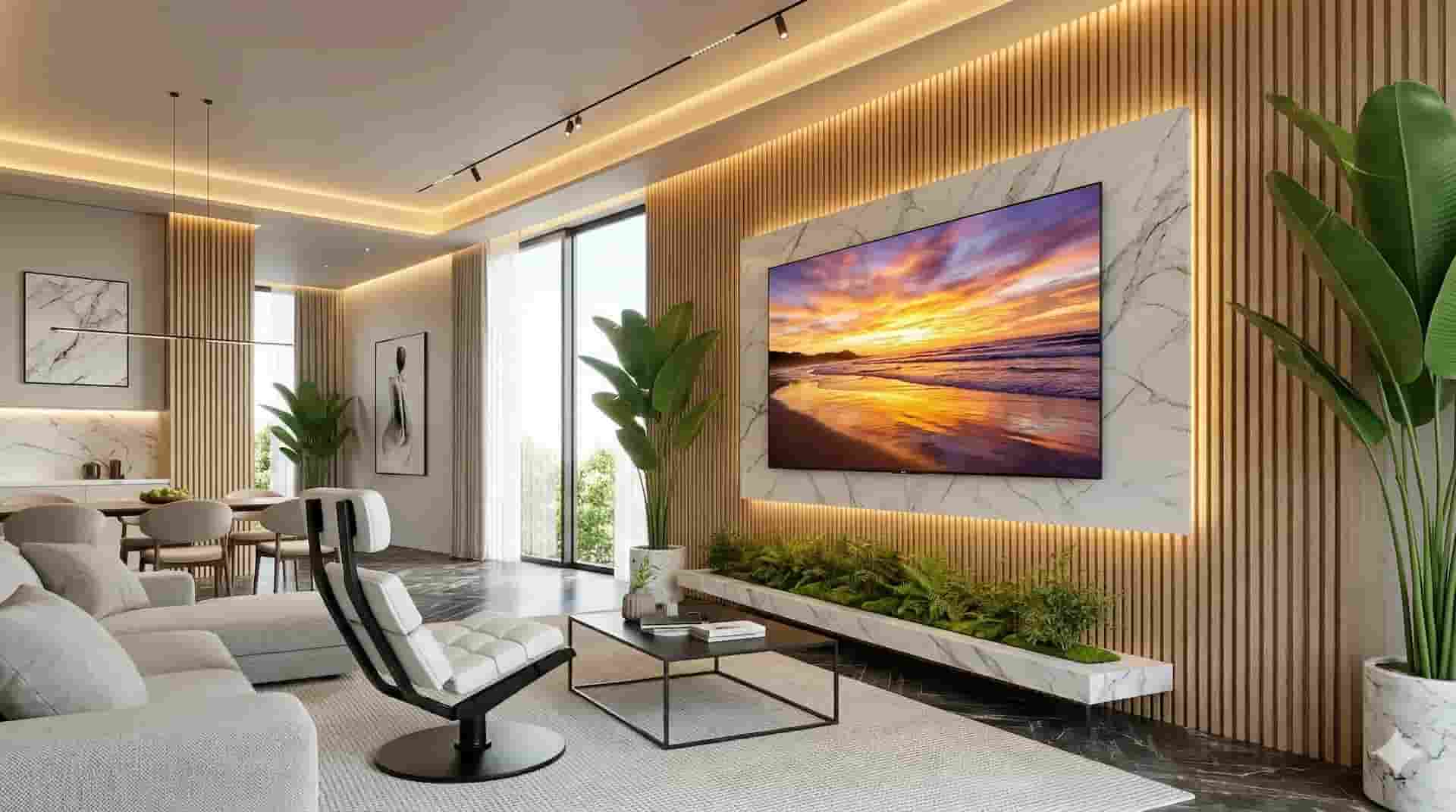 80-Zoll-TV an Marmor-Feature-Wall, sicher montiert mit der A-PEQ APL-85B Wandhalterung in modernem Luxus-Interieur.