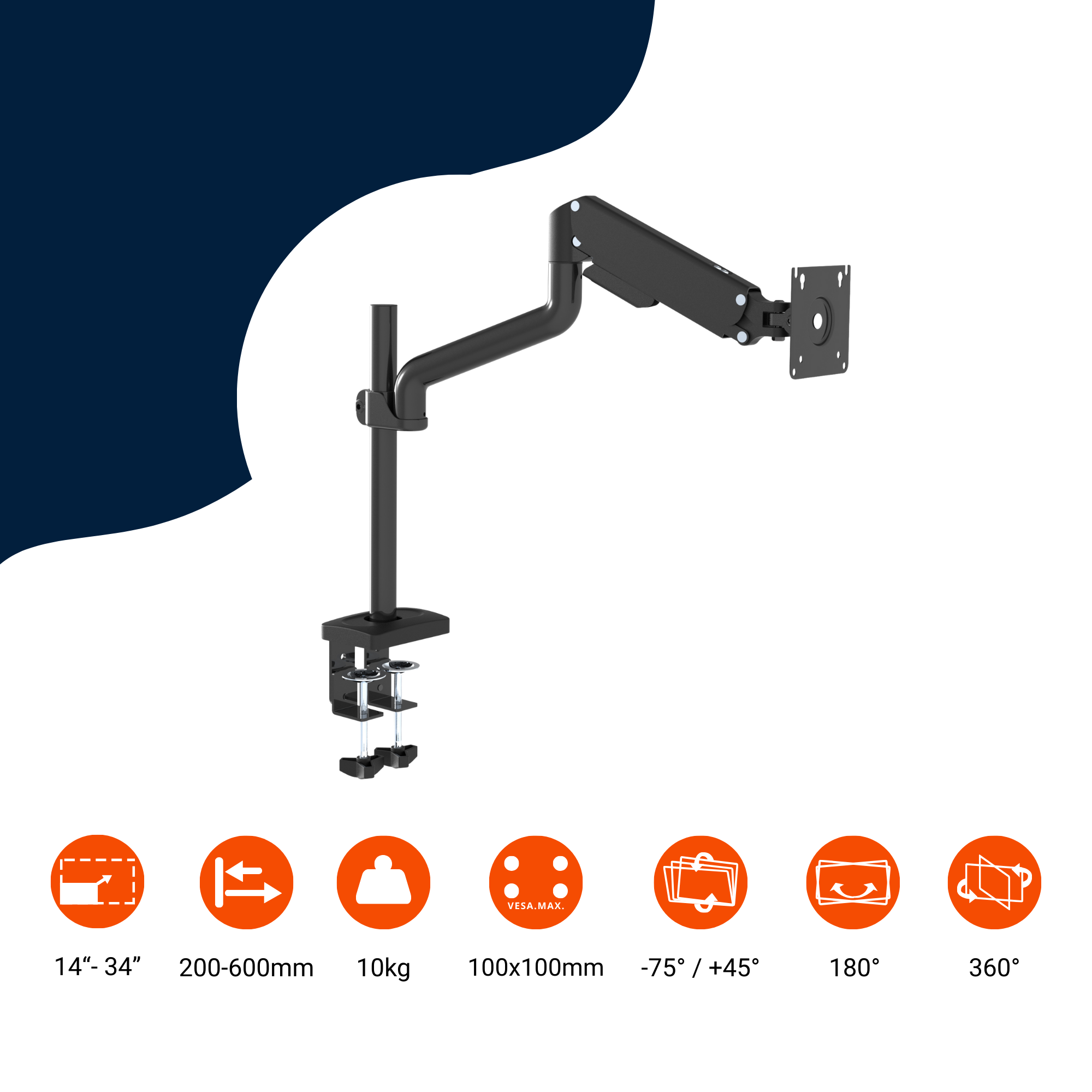 A-PEQ 1011 Monitorarm für 1 Monitor. Tischmontage. Gasfedergesteuert. 3 bis 10 kg