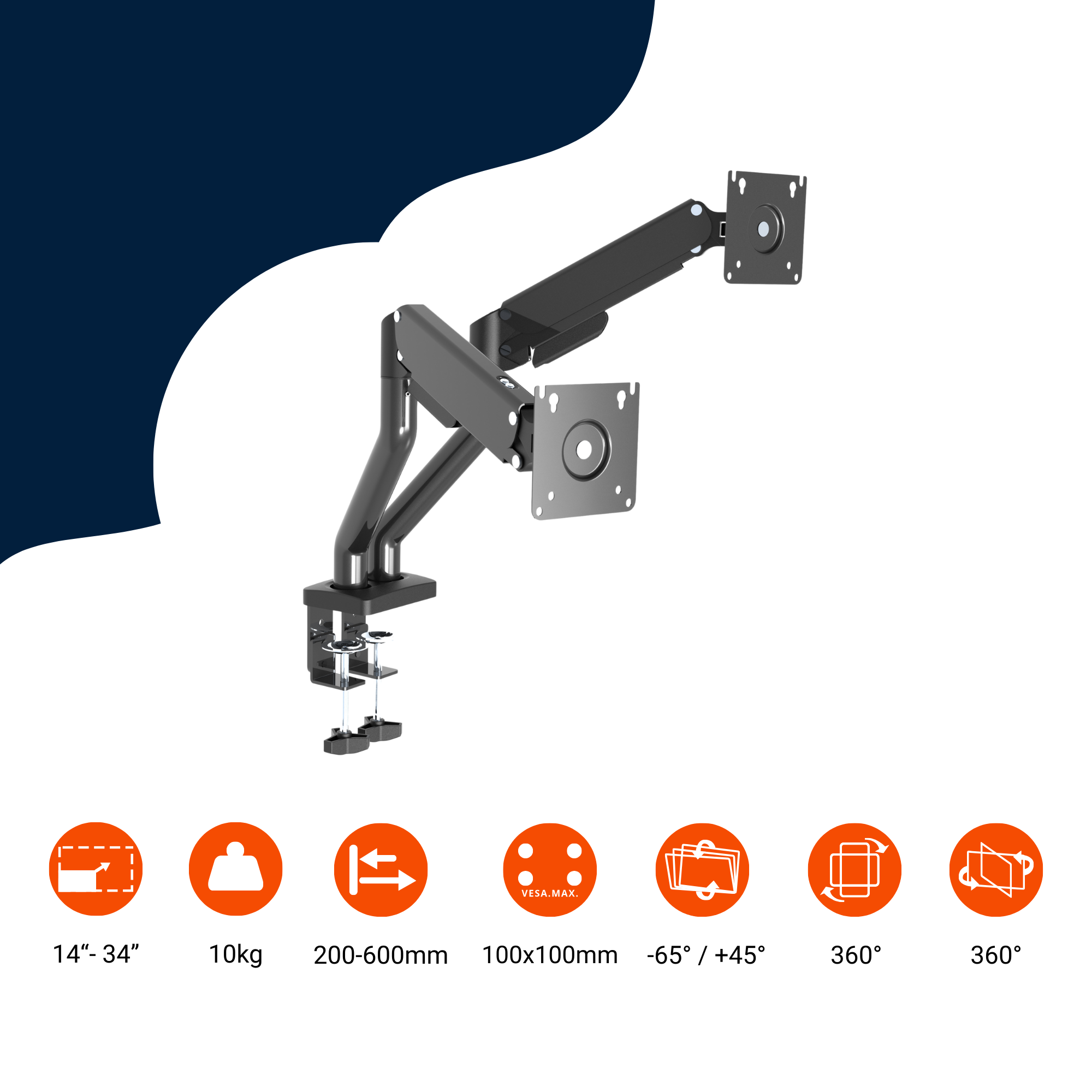A-PEQ 922 Monitorarm für 2 Monitore. Schreibtisch-Aufsatz. Gasfeder gesteuert. 2 bis 10 kg