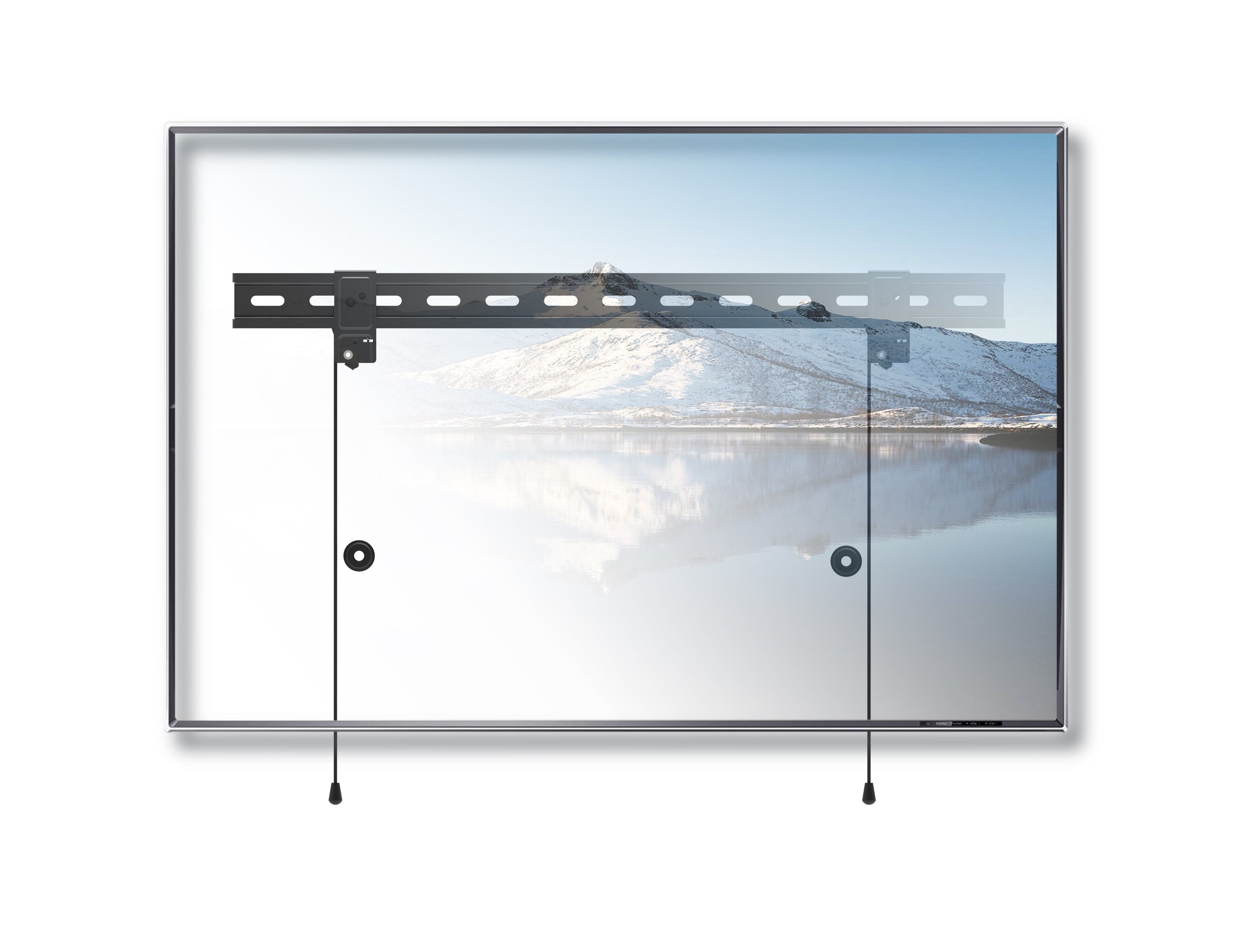 Fernseher mit transparenter Darstellung der festen Wandhalterung und Sicherungsseilen