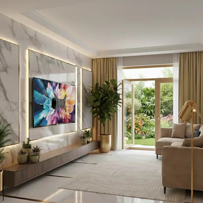 Moderne TV Wandhalterung in luxuriösem Wohnzimmer mit Marmorwand und Gartenblick – WandhalterungShop.de